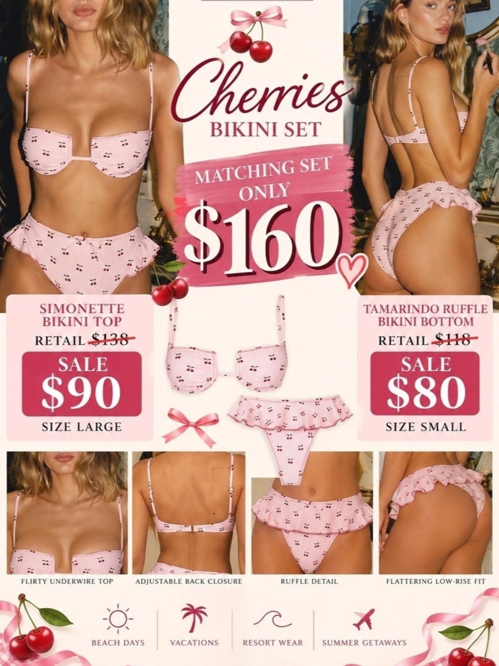 Montce Cherries Simonette Bikini Top large & Tamarindo Ruffle Bikini Bottom Pink